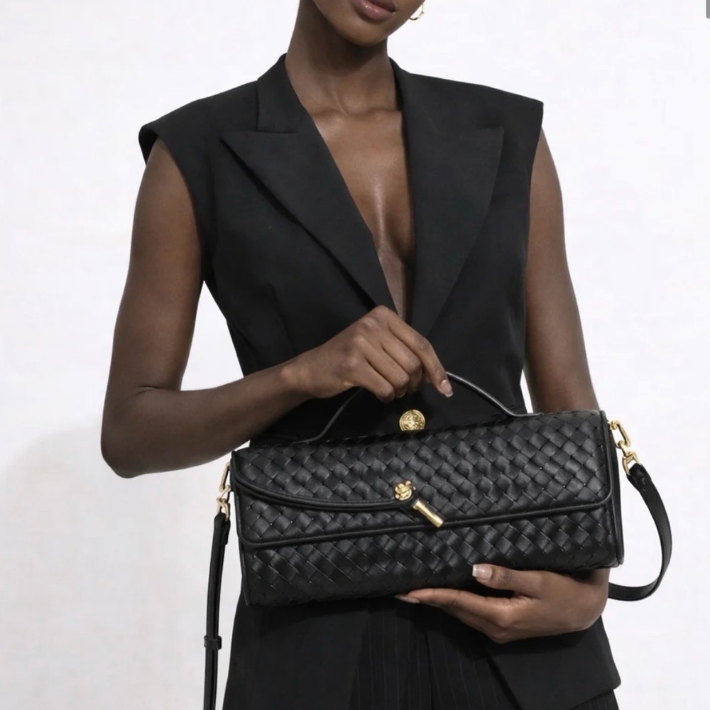 Wisteria Elegant Black Woven Leather Shoulder Bag nwt